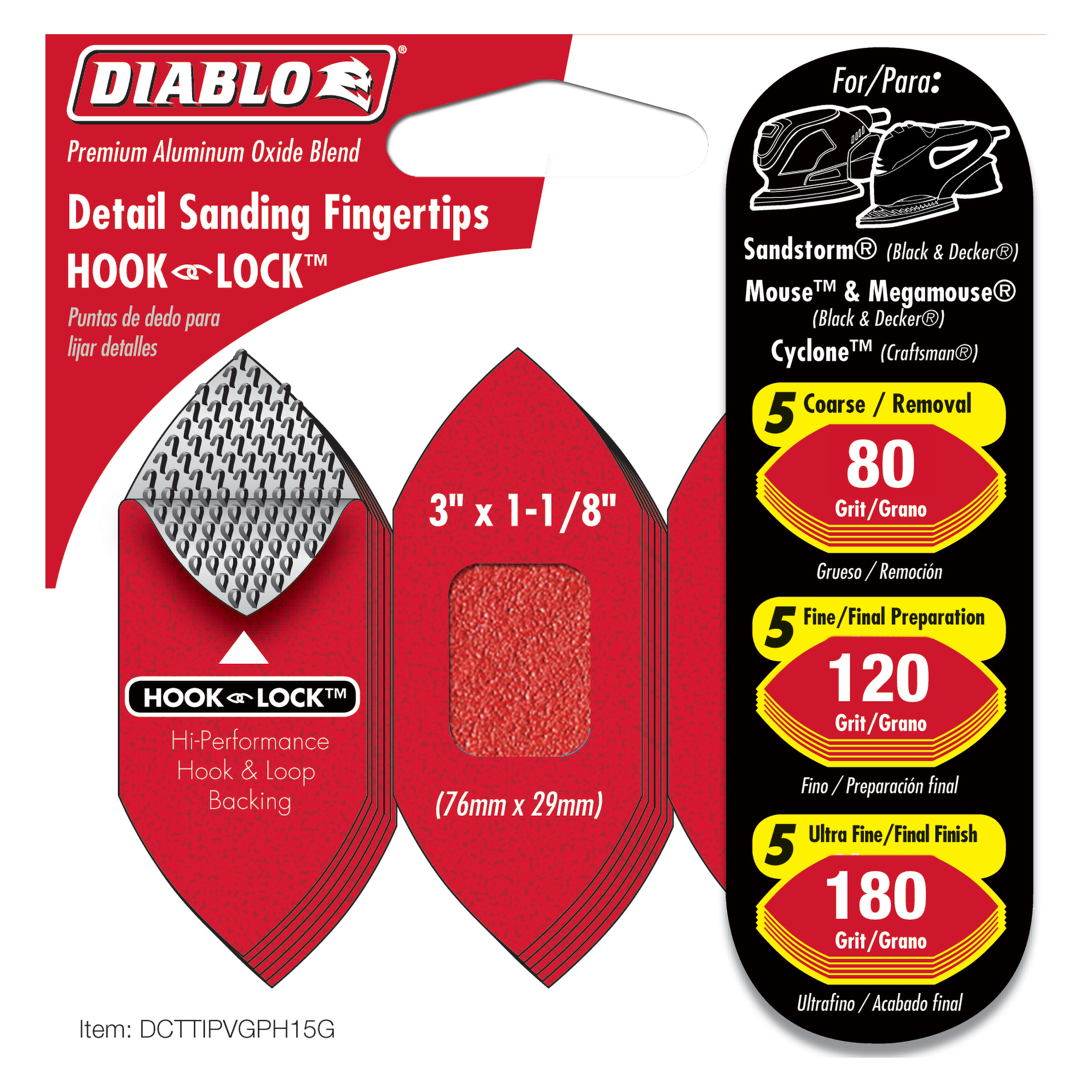 Diablo DCTTIPVGPH15G Detail Fingertips 3 in. x 1-1/8 in. Hook & Lock Assorted (15-Pack)
