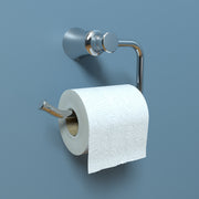 Chrome toilet paper holder with curved arm and cylindrical mounting bracket holding white roll.