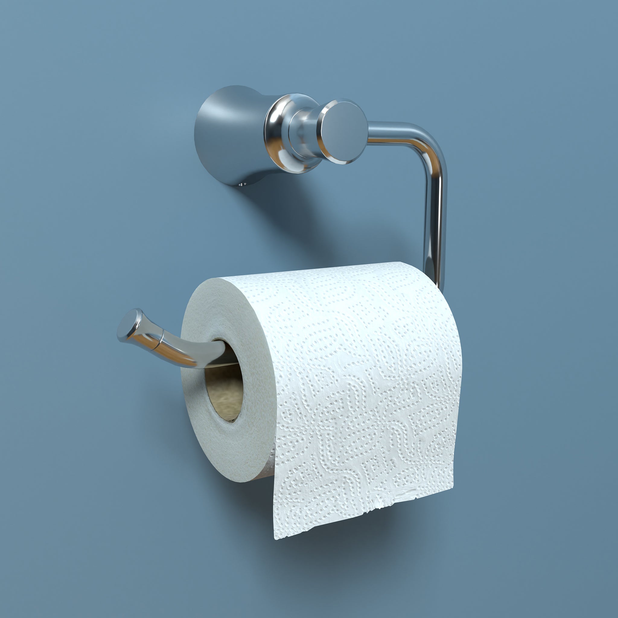 Chrome toilet paper holder with curved arm and cylindrical mounting bracket holding white roll.