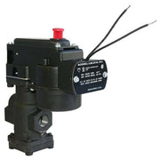 Black electric water feeder with red button on top, control panel, and two wire leads extending from side.