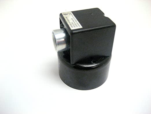 Black cylindrical level control switch with metal probe connection and white label on top.