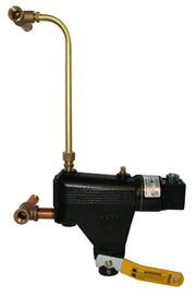 Brass and black metal float-type low water cut-off valve with curved inlet pipe and yellow warning tag attached.