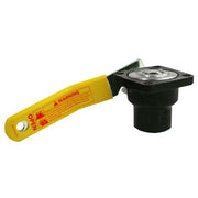 Black blow down valve with yellow warning handle and adjustment dial on top.