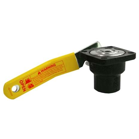 Black blow down valve with yellow warning handle and adjustment dial on top.