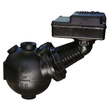 Black cast iron spherical boiler feed water valve with control module mounted on top and threaded connection port.