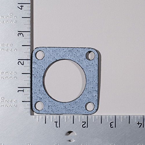 Square blue-gray gasket with central circular opening and four corner mounting holes, shown against ruler for scale.