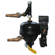 Black mechanical water feeder with brass connections, adjustment lever, and control switch mounted on side.