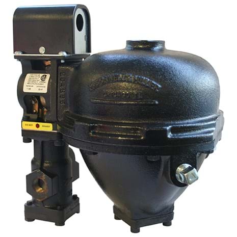 Black spherical water feeder tank with attached electric motor and mechanical switch assembly on mounting bracket.