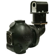 Black cast iron float-type low water cut-off valve with cylindrical body and vertical control head mounted on top.