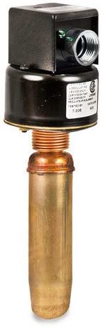 Black and brass low water cut-off insert with threaded brass stem and black control housing.