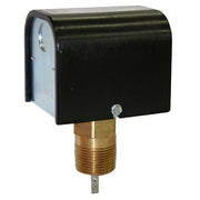 Black cylindrical flow switch with brass threaded inlet connection and dial gauge on front panel.