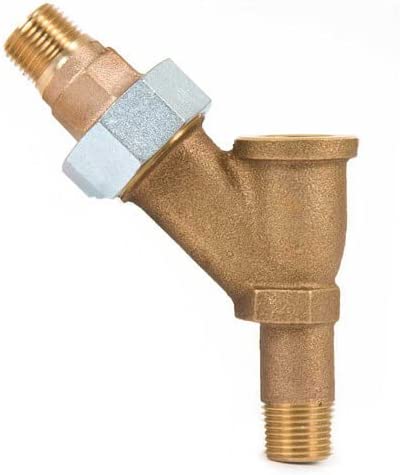 Brass lower quick hookup fitting with male NPT threads and gray connector nut.