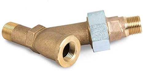 Brass lower quick hookup fitting with threaded connections and blue hexagonal nut.