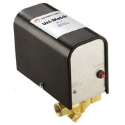 Black and gray McDonnell & Miller water feeder with brass fittings and red indicator light on front panel.