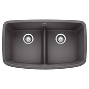 Cinder gray double basin undermount sink with low divider and chrome drain strainers.