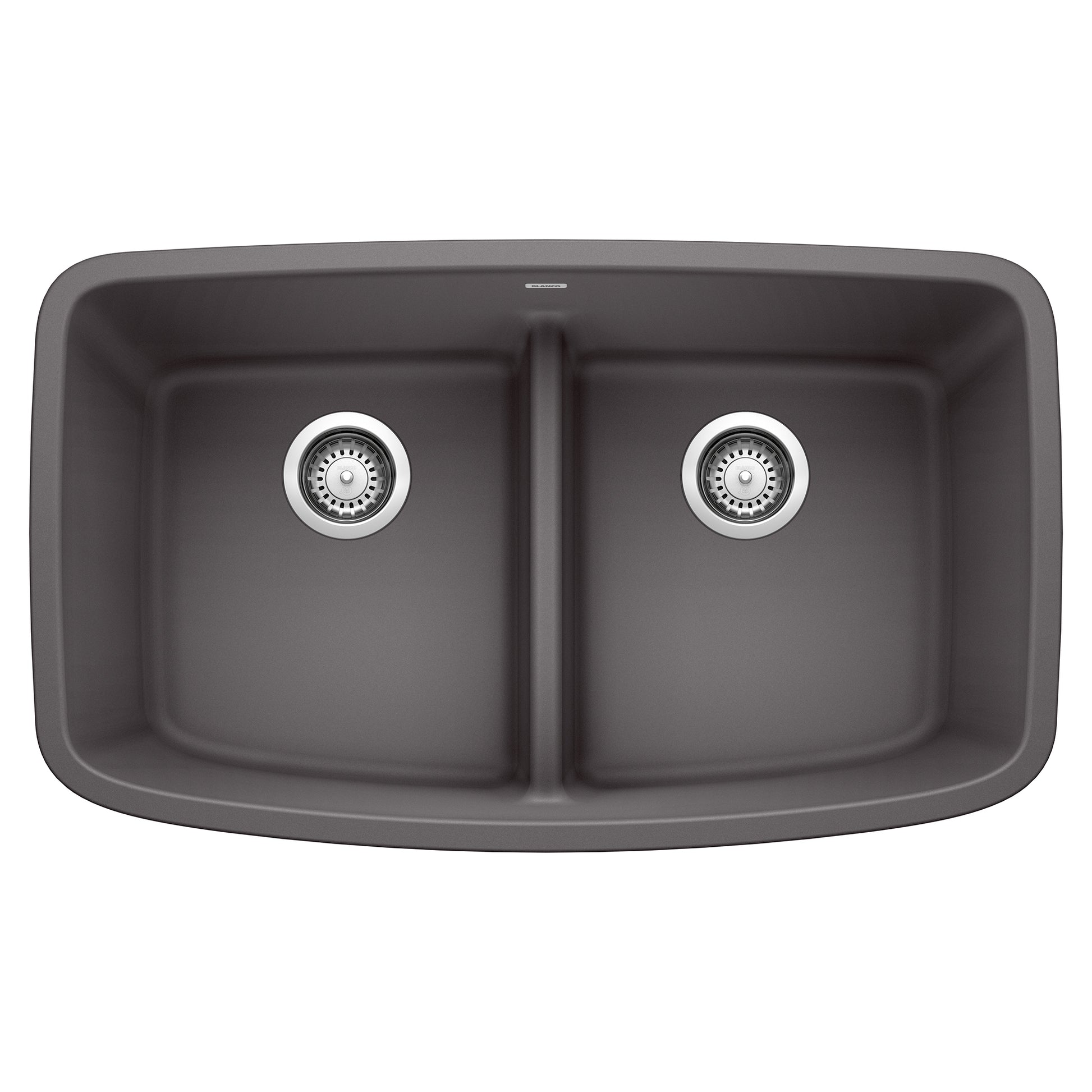 Cinder gray double basin undermount sink with low divider and chrome drain strainers.
