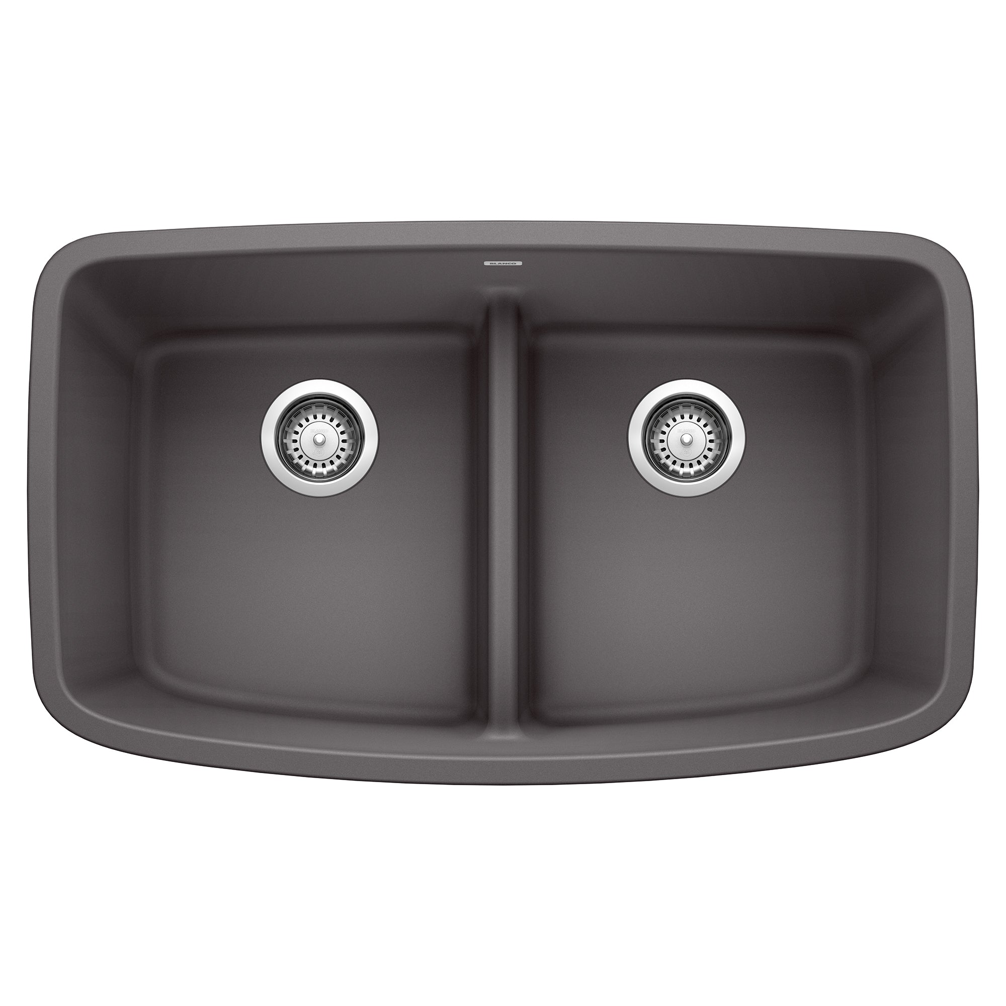 Cinder gray double basin undermount sink with low divider and chrome drain strainers.