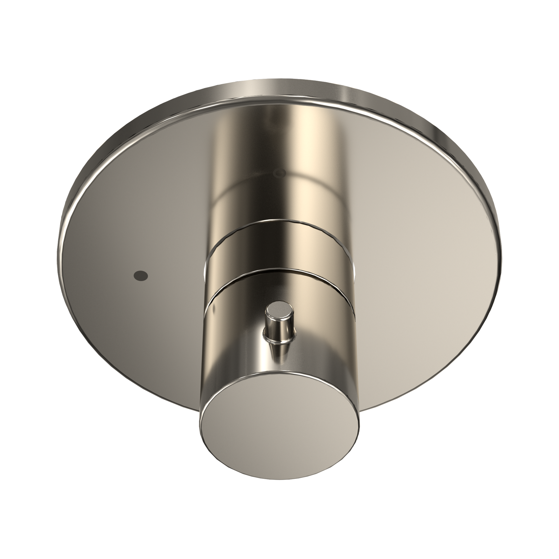 Polished nickel round shower valve trim with cylindrical body and circular trim plate with single control knob.