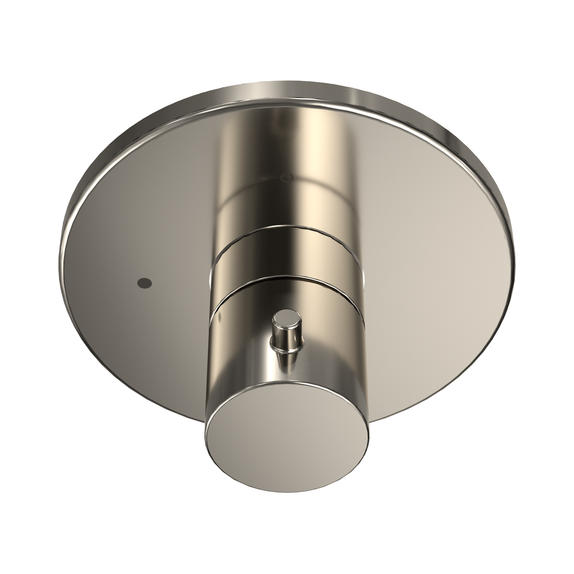 Polished nickel round shower valve trim with cylindrical body and circular trim plate with single control knob.