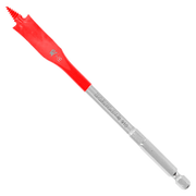 Red and silver Diablo spade bit with flat paddle head and hexagonal shank against white background.