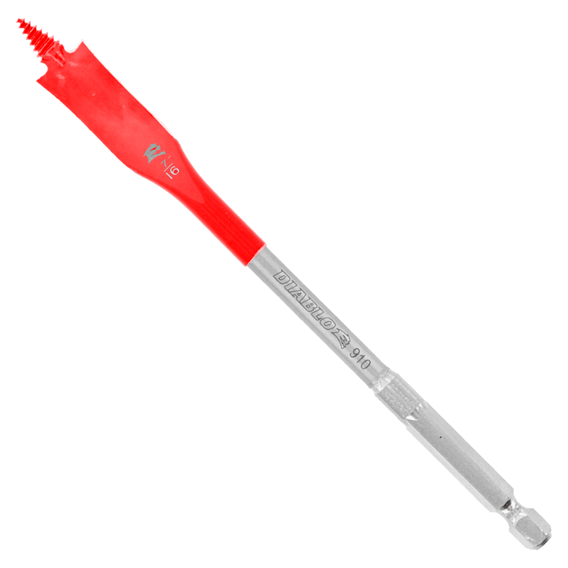 Red and silver Diablo spade bit with flat paddle head and hexagonal shank against white background.