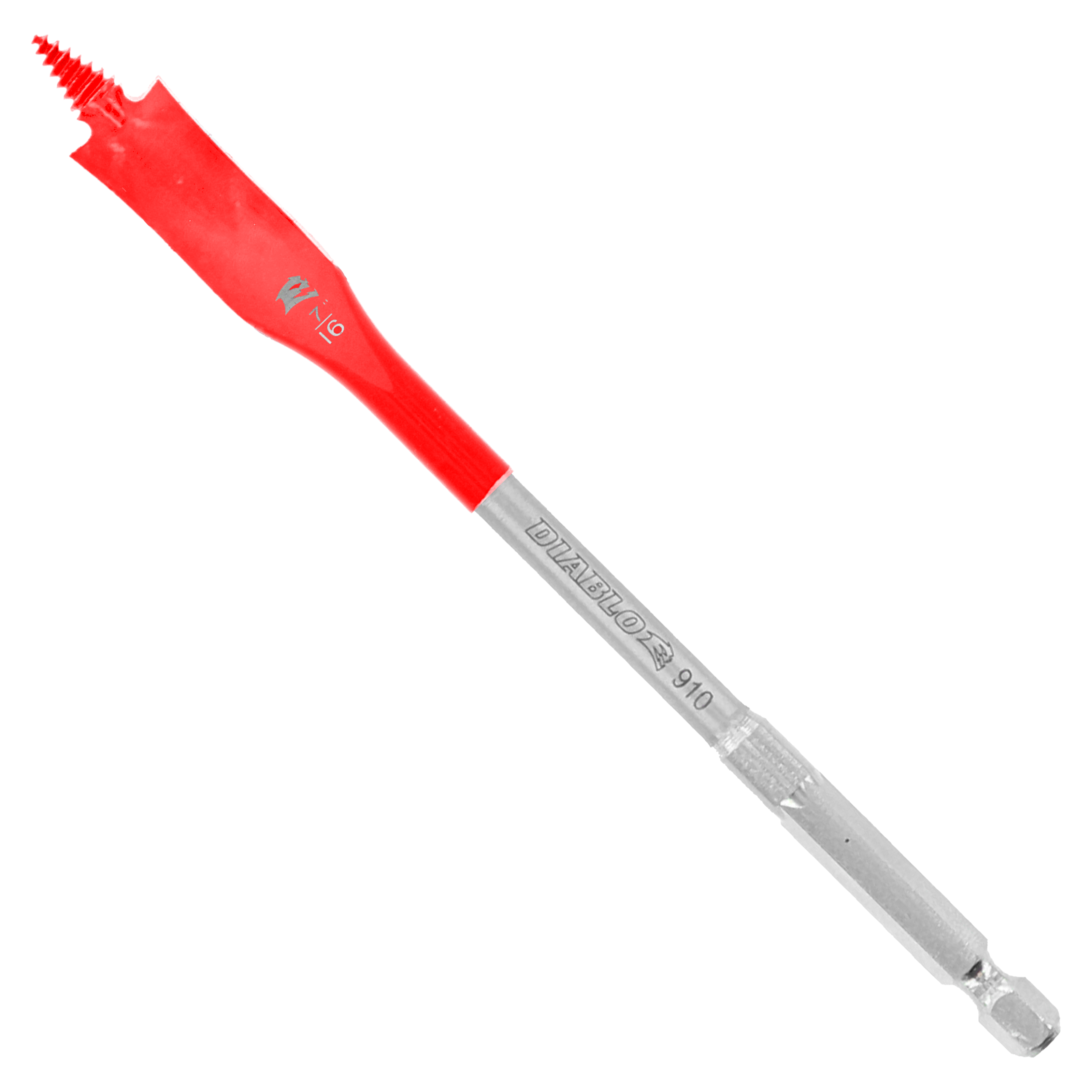 Red and silver Diablo spade bit with flat paddle head and hexagonal shank against white background.