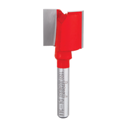 Red and silver double flute straight router bit with flat cutting head and cylindrical shank.