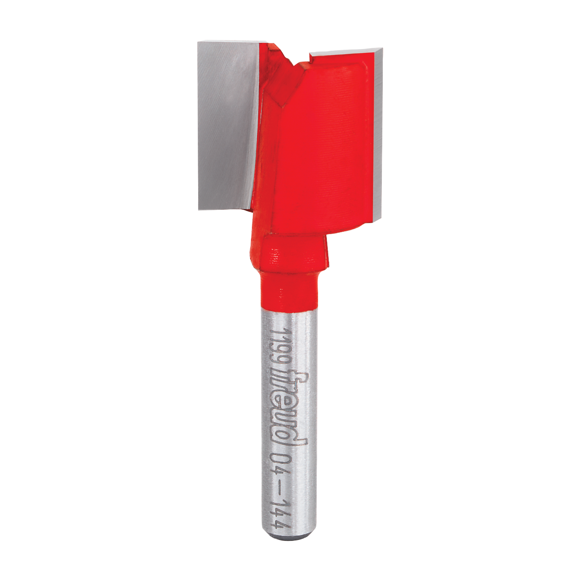 Red and silver double flute straight router bit with flat cutting head and cylindrical shank.