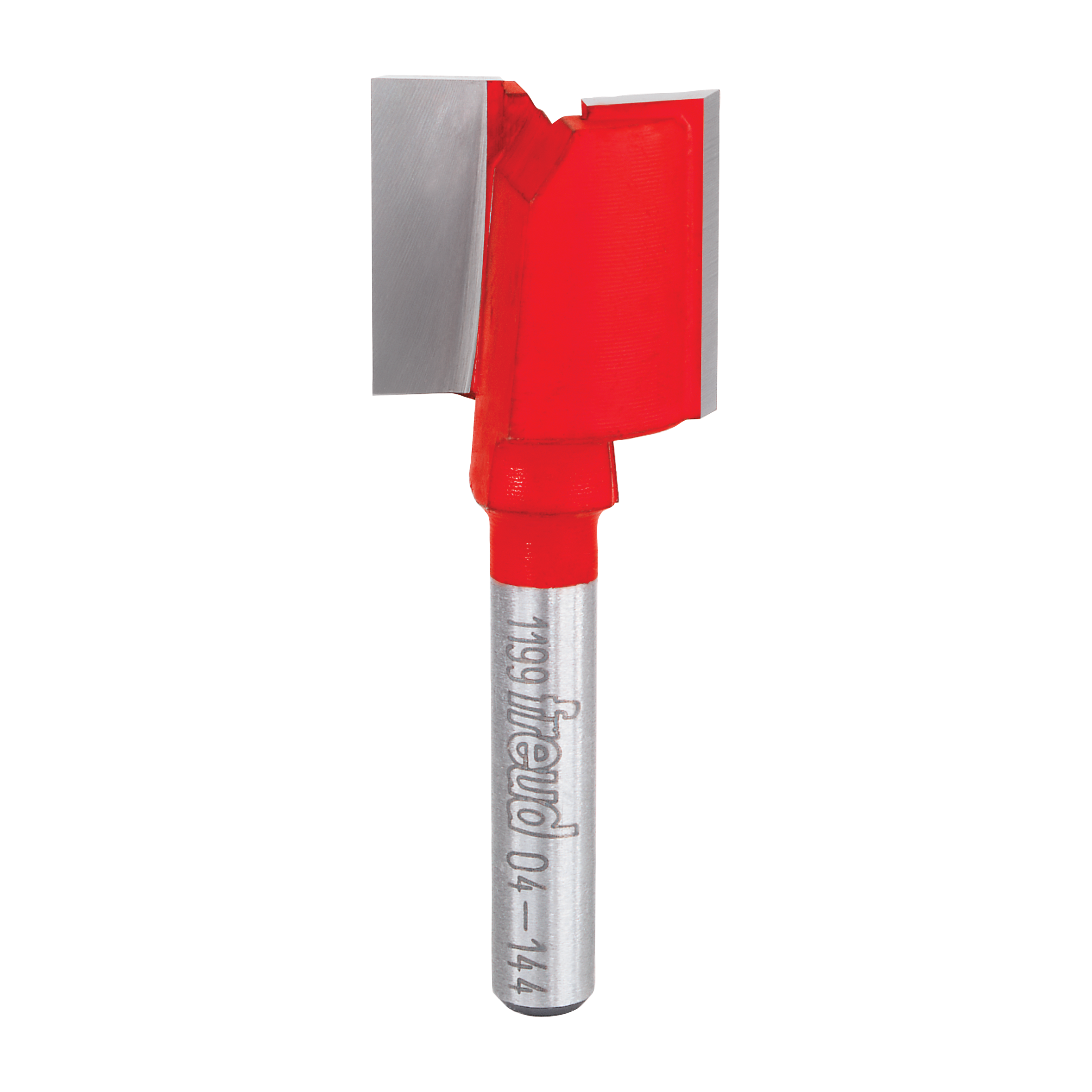 Red and silver double flute straight router bit with flat cutting head and cylindrical shank.