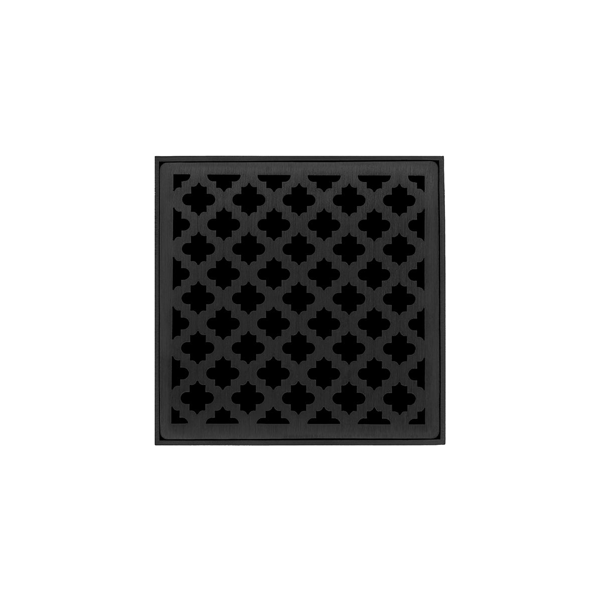 Matte black square drain cover with quatrefoil pattern and center drain opening.