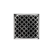 Polished stainless steel square drain cover with quatrefoil pattern and center drain opening.