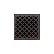 Oil rubbed bronze square drain grate with quatrefoil pattern cutouts, 5" x 5" size.