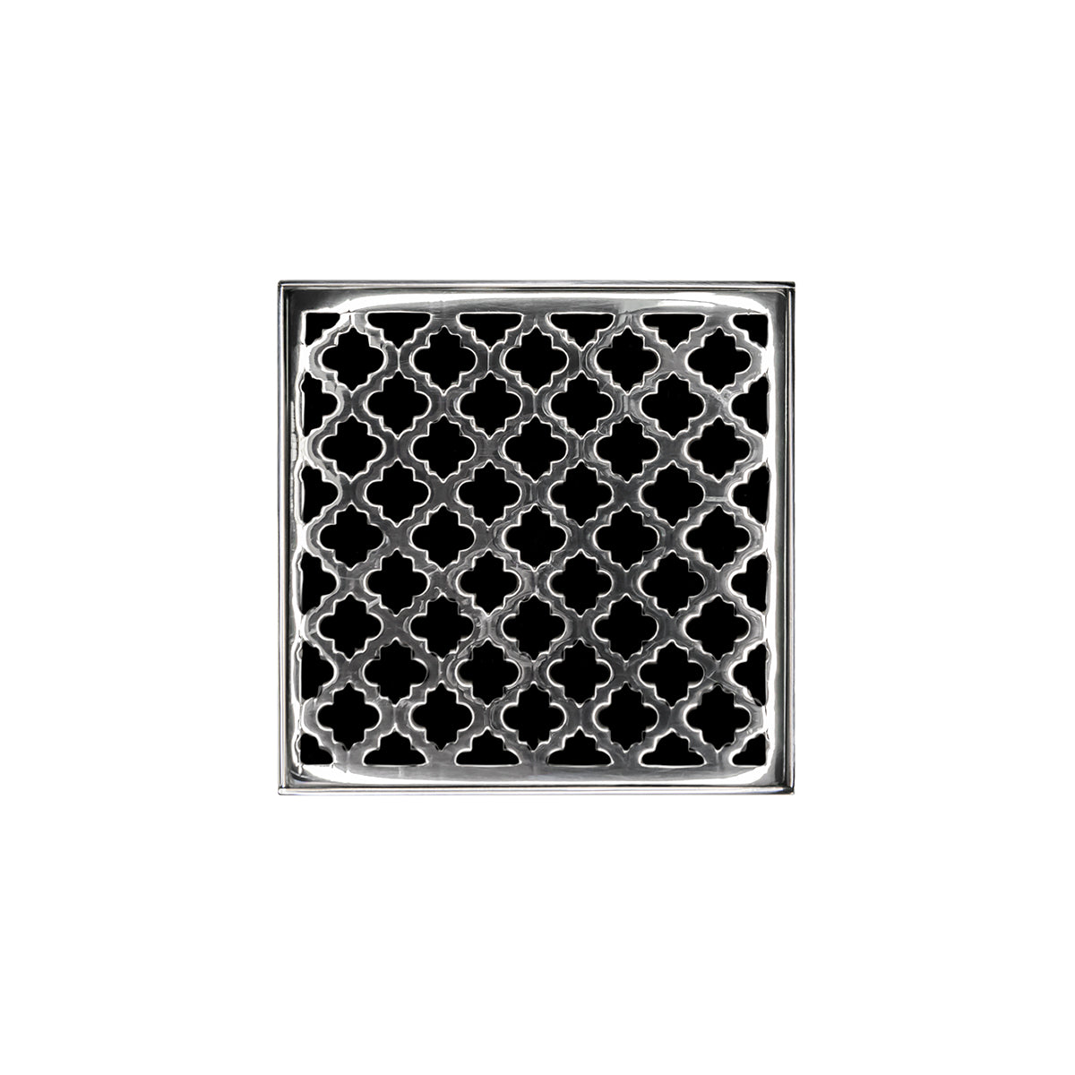 Polished stainless steel square drain cover with geometric quatrefoil pattern and center drain opening.