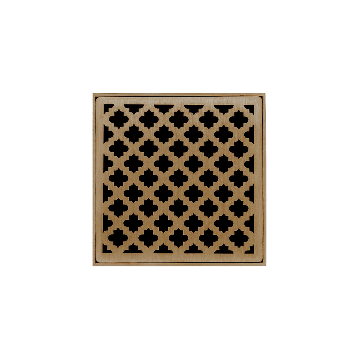 Satin bronze square drain cover with geometric quatrefoil pattern cutouts on tan background.