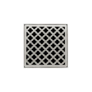 Square satin stainless steel drain grate with geometric quatrefoil pattern and centered drain opening.
