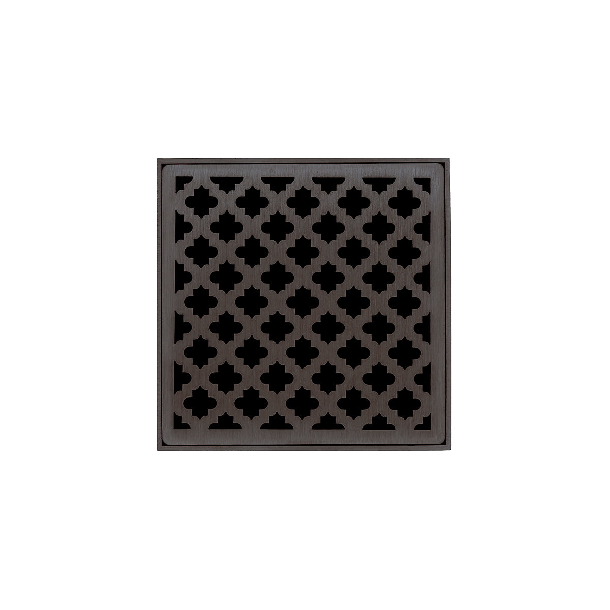 Square oil rubbed bronze drain grate with geometric quatrefoil pattern cutouts.