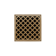 Satin bronze square drain cover with geometric quatrefoil pattern cutout design.
