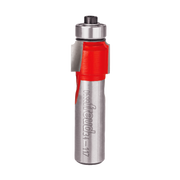 Router bit with cylindrical silver metal body, red cutting head section, and black top collar for woodworking edge rounding.