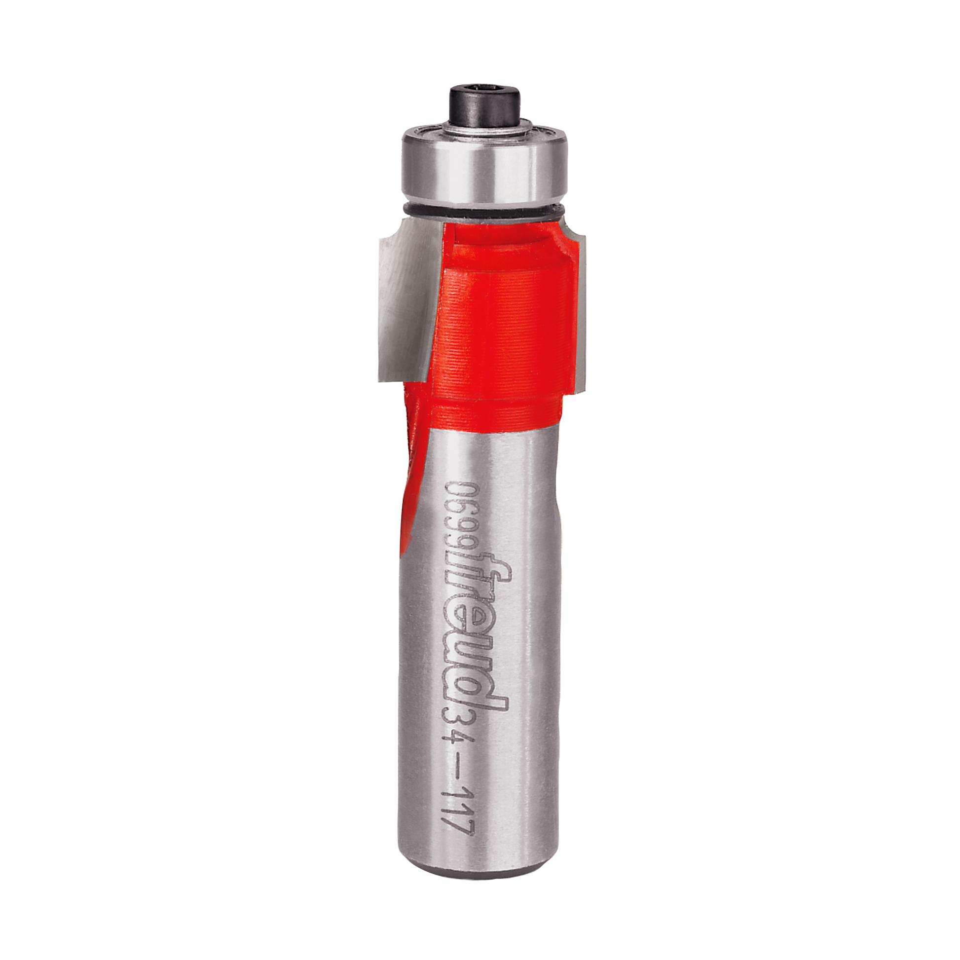 Router bit with cylindrical silver metal body, red cutting head section, and black top collar for woodworking edge rounding.