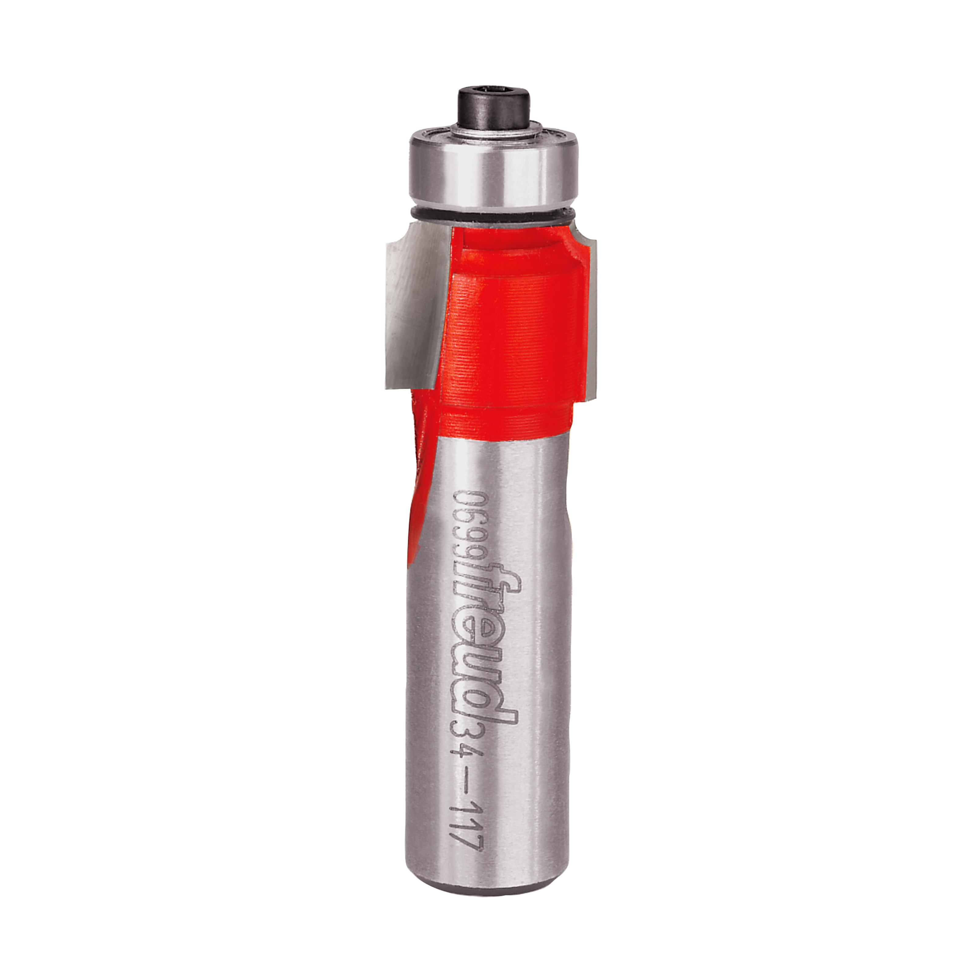 Router bit with cylindrical silver metal body, red cutting head section, and black top collar for woodworking edge rounding.