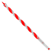 Red and gray spiral auger bit with sharp tip and hexagonal shank for drilling.