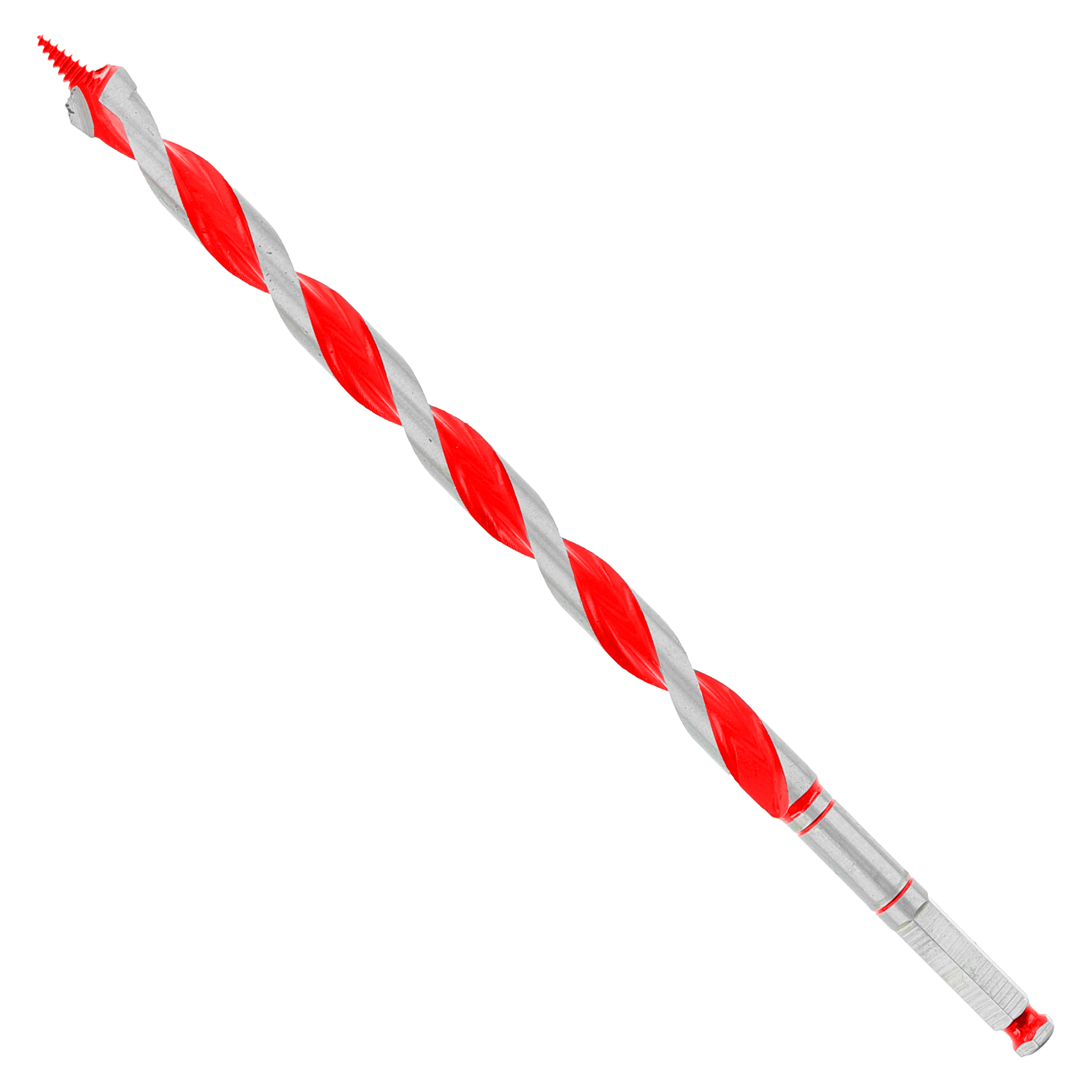 Red and gray spiral auger bit with sharp tip and hexagonal shank for drilling.