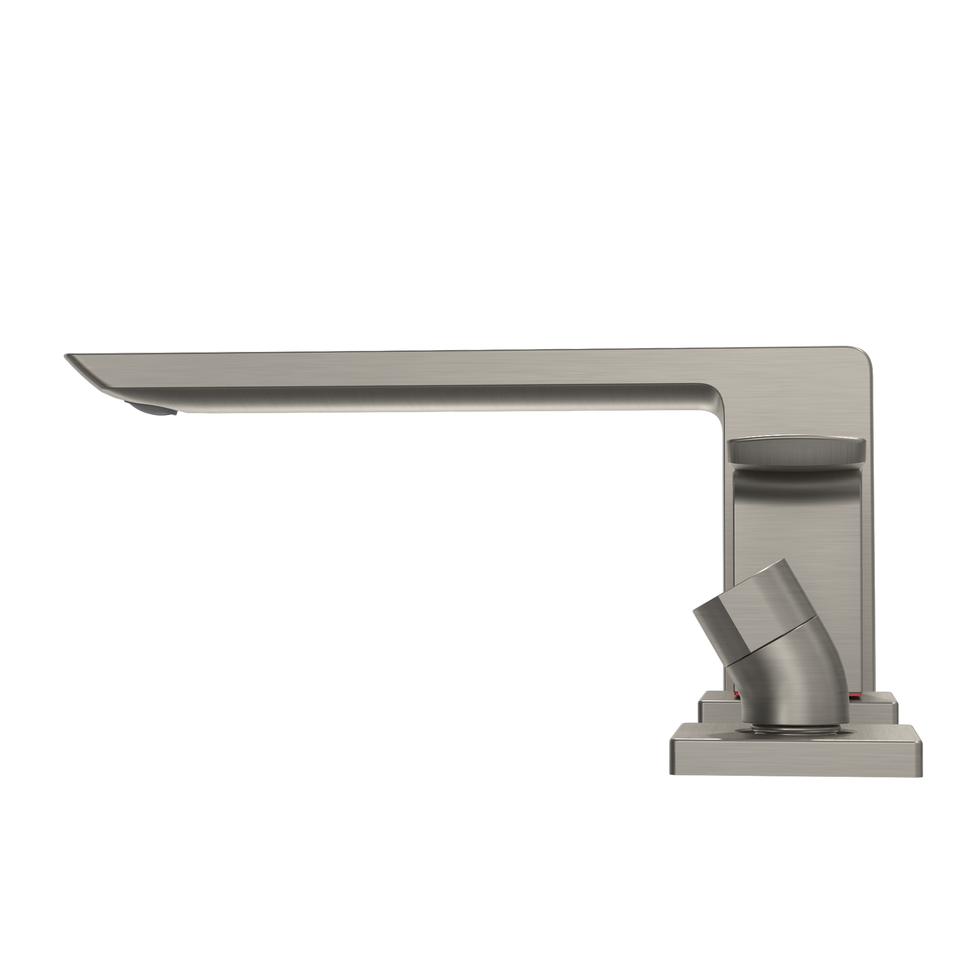 Brushed nickel two-handle deck-mount roman tub filler with curved spout and detachable handshower.