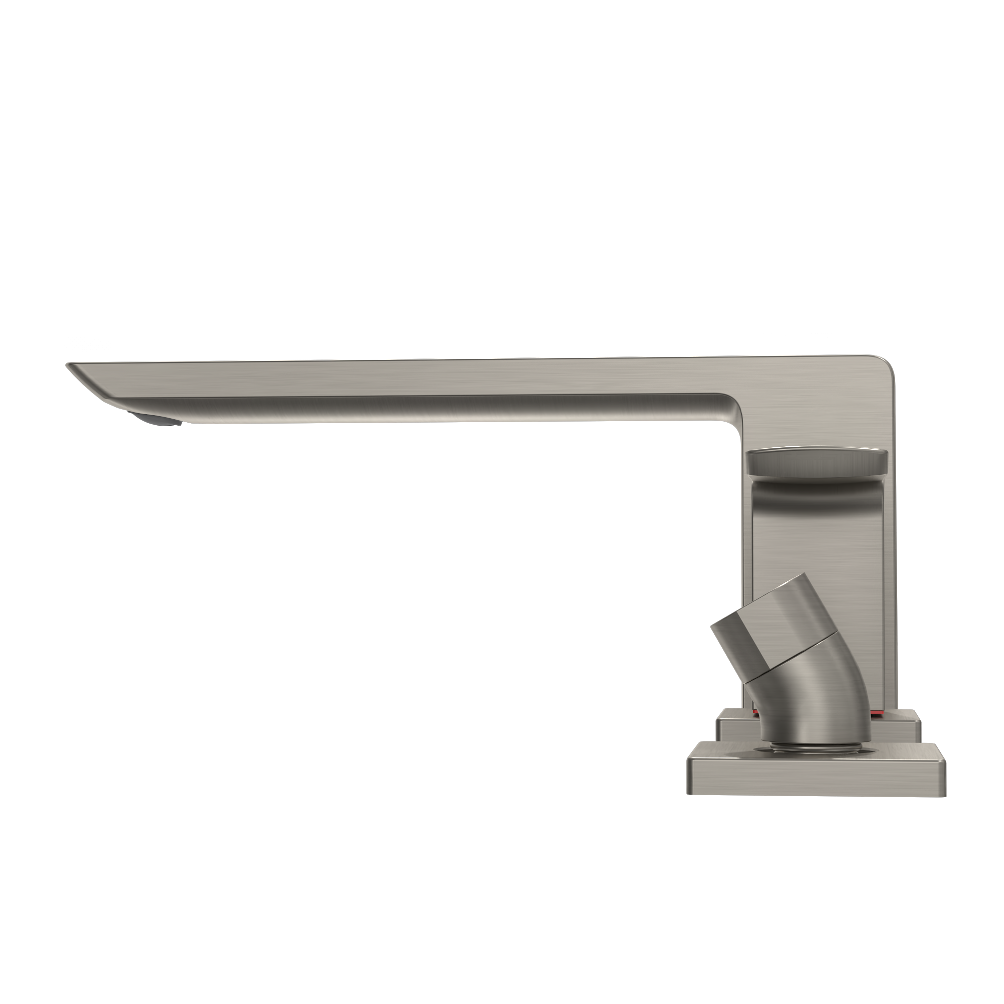 Brushed nickel two-handle deck-mount roman tub filler with curved spout and detachable handshower.