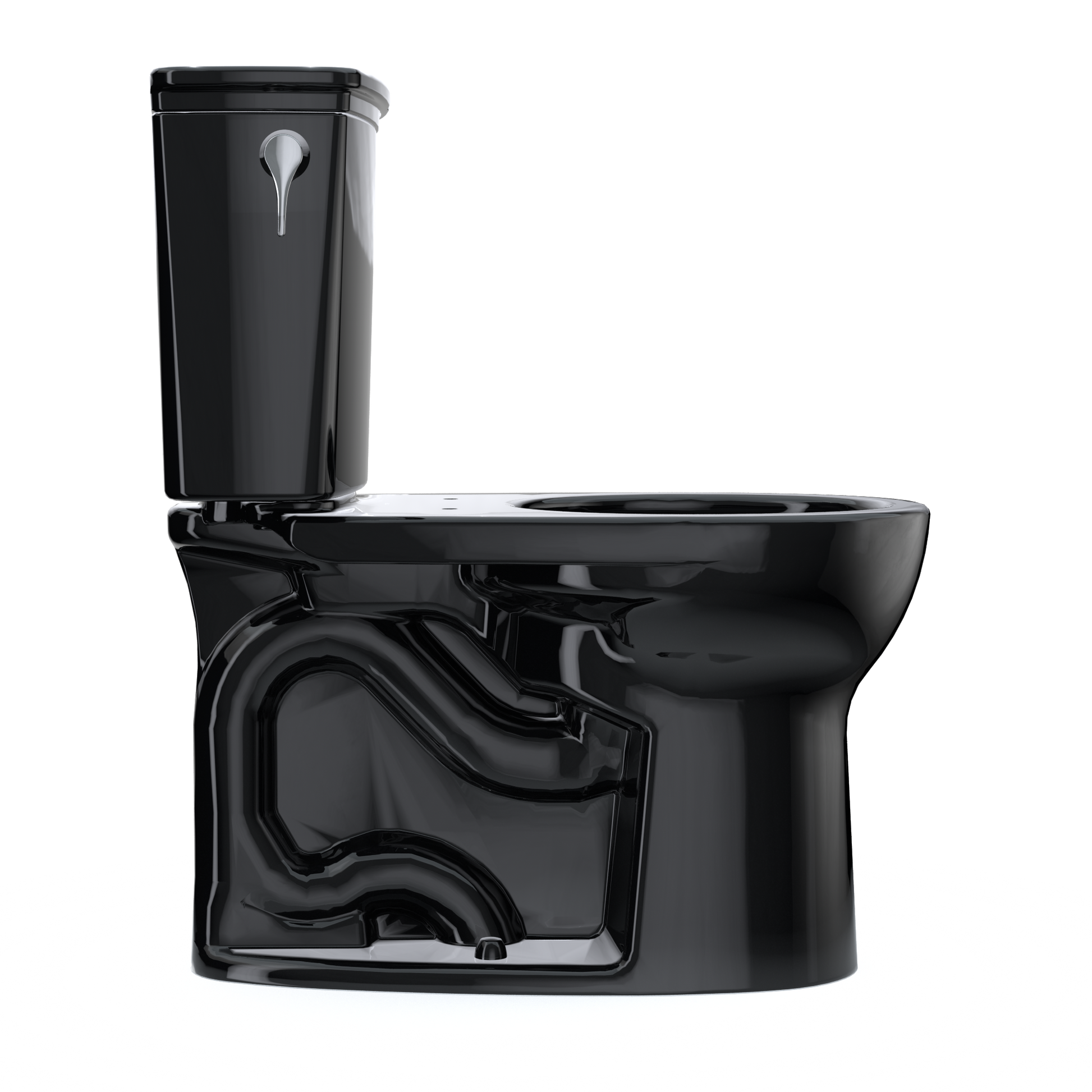 Ebony two-piece toilet with round bowl, curved tank, and chrome flush handle, shown without seat.