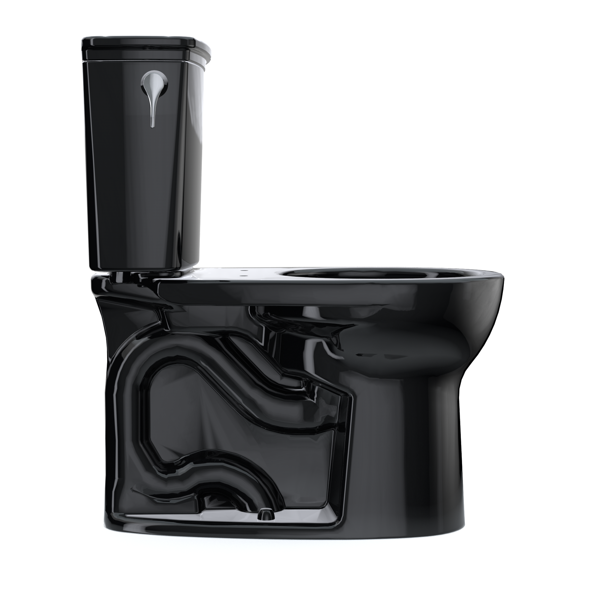 Ebony two-piece toilet with round bowl, curved tank, and chrome flush handle, shown without seat.