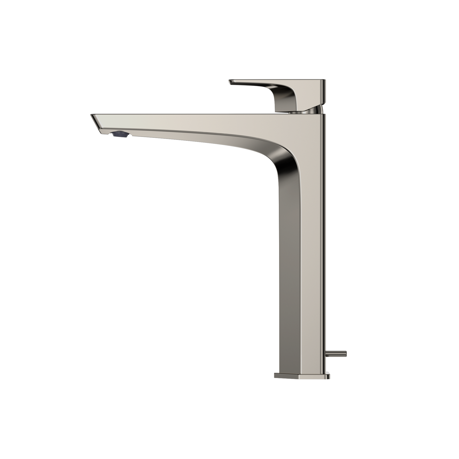 Polished nickel single-handle vessel sink faucet with curved spout and rectangular base.