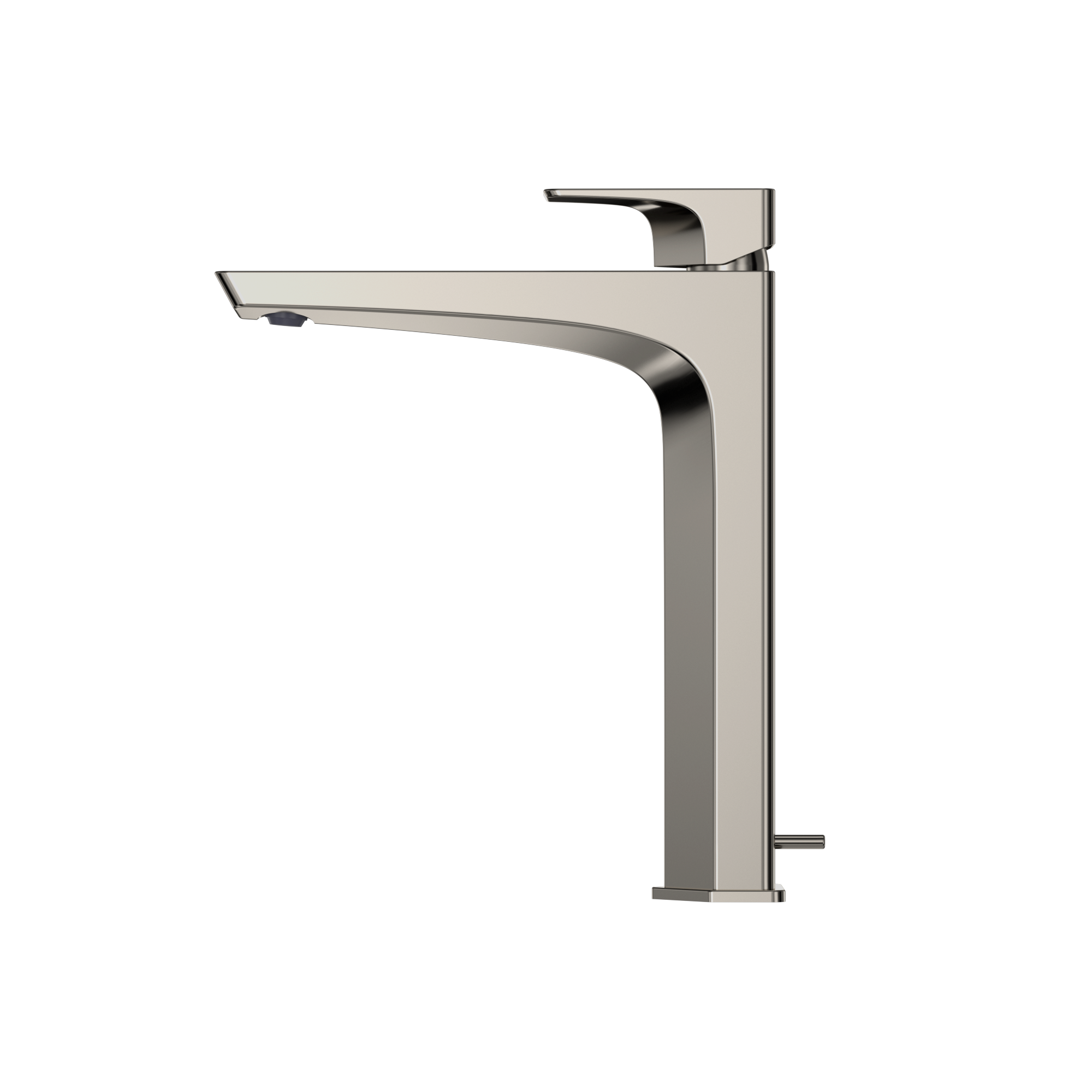 Polished nickel single-handle vessel sink faucet with curved spout and rectangular base.