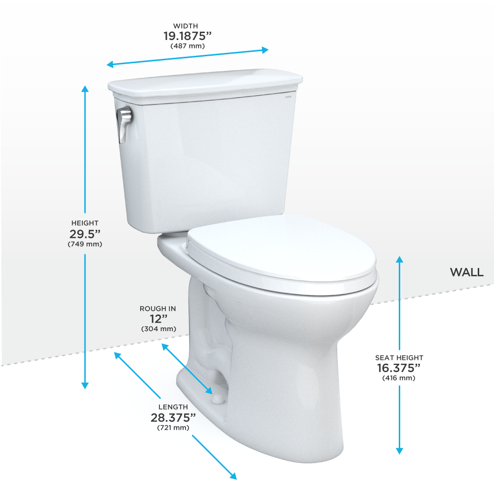 White two-piece elongated toilet with soft-close seat and matching tank, showing dimensions and specifications.