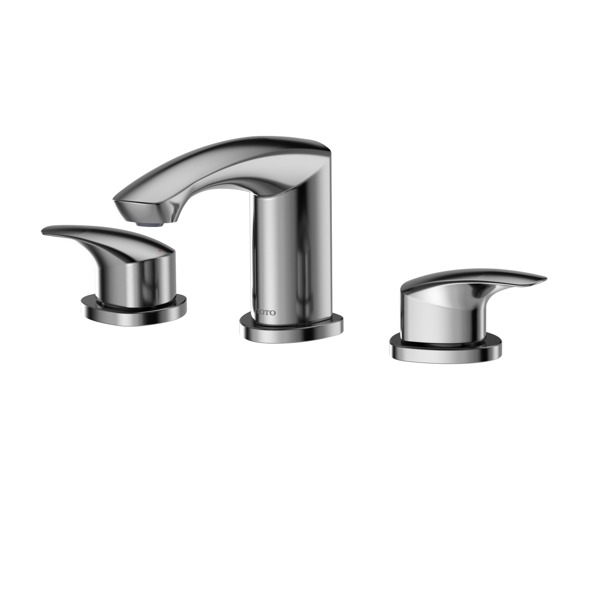 Polished chrome three-piece bathroom sink faucet with curved spout and two lever handles on white background.